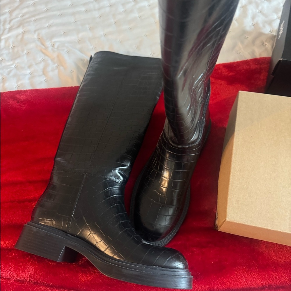 Zara Black Over the Knee Croc-Embossed Boots